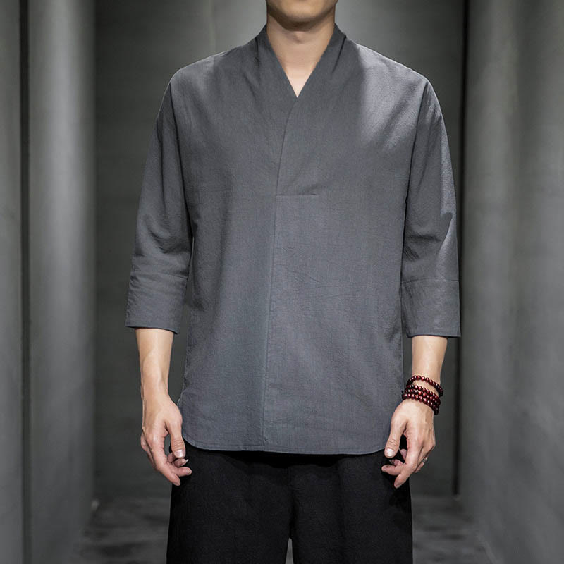 Casual V-Neck Three Quarter Sleeve Shirt Cotton Men Clothing
