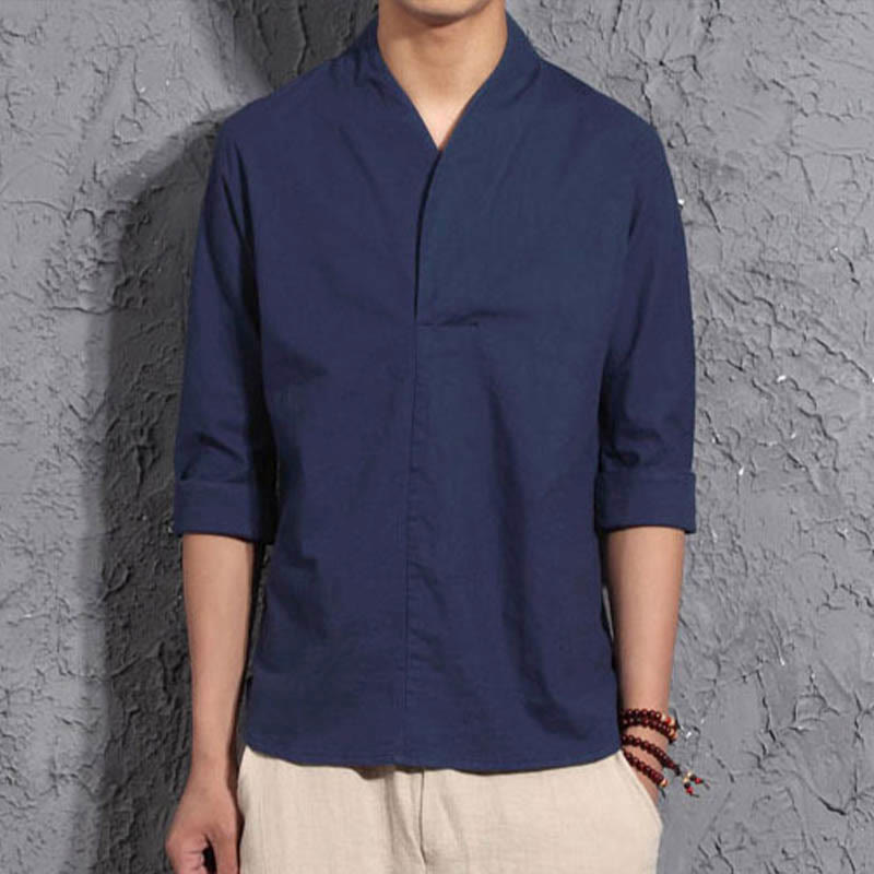 Casual V-Neck Three Quarter Sleeve Shirt Cotton Men Clothing