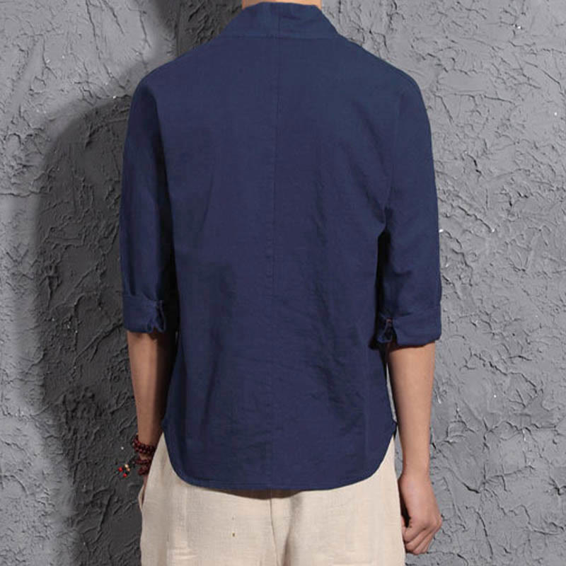 Casual V-Neck Three Quarter Sleeve Shirt Cotton Men Clothing