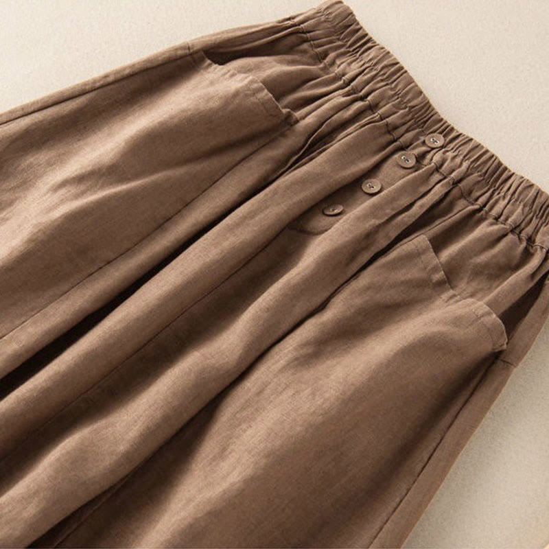 Summer Solid Button Elastic Waist 7-8 Length Women's Skirt With Pockets