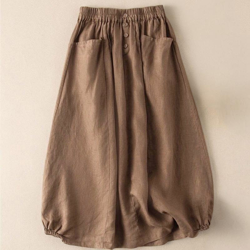Summer Solid Button Elastic Waist 7-8 Length Women's Skirt With Pockets