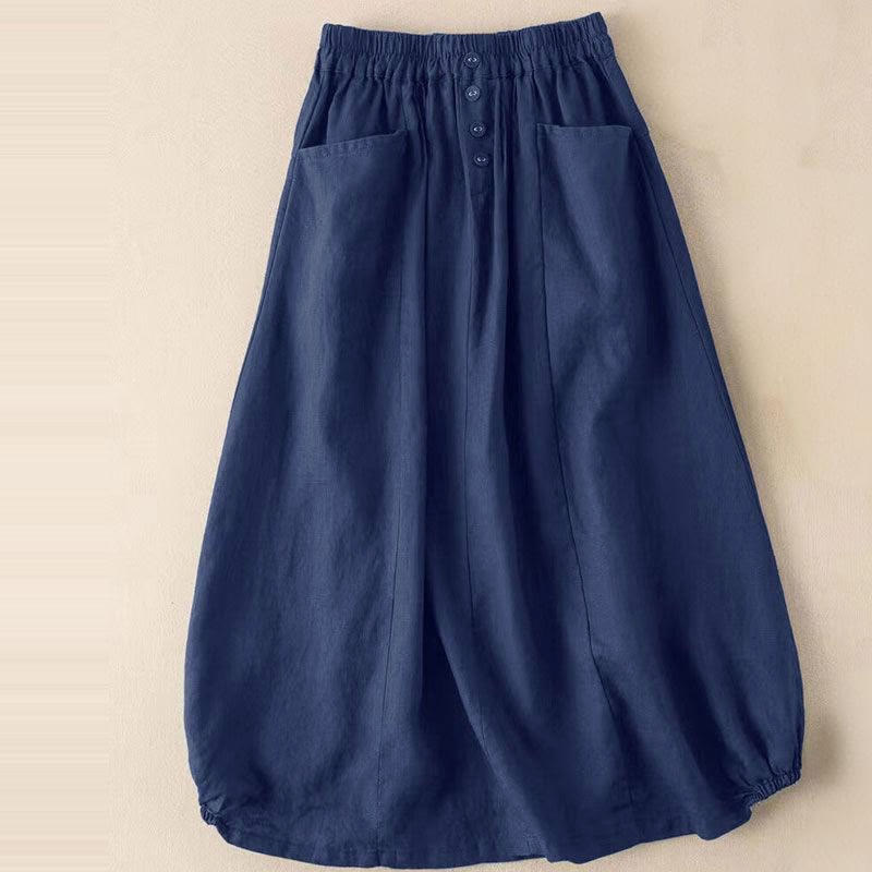 Summer Solid Button Elastic Waist 7-8 Length Women's Skirt With Pockets