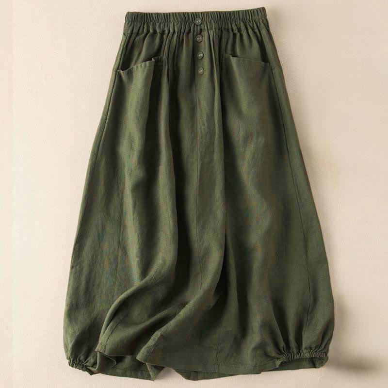 Summer Solid Button Elastic Waist 7-8 Length Women's Skirt With Pockets
