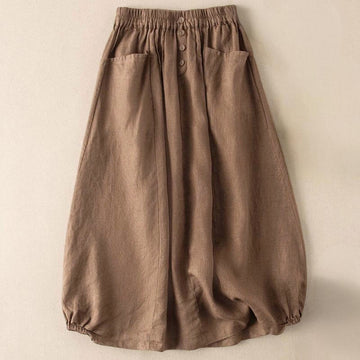 Summer Solid Button Elastic Waist 7-8 Length Women's Skirt With Pockets