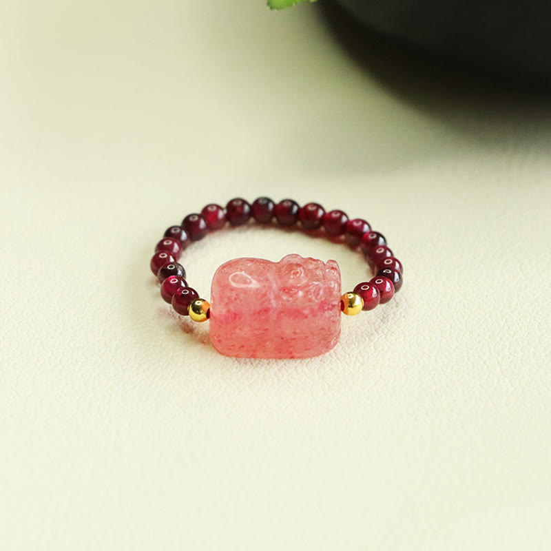 Adjustable Garnet and Strawberry Quartz Beaded Pixiu Ring