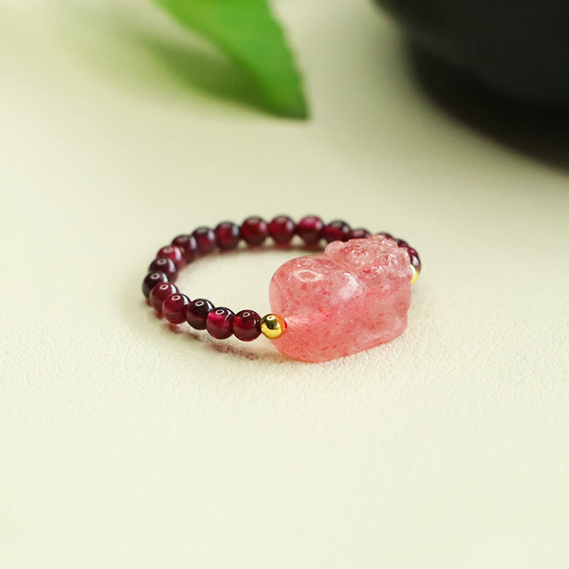 Adjustable Garnet and Strawberry Quartz Beaded Pixiu Ring