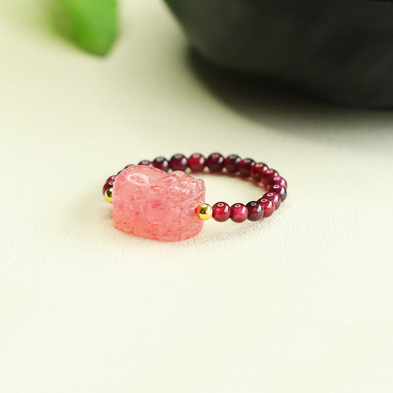 Adjustable Garnet and Strawberry Quartz Beaded Pixiu Ring