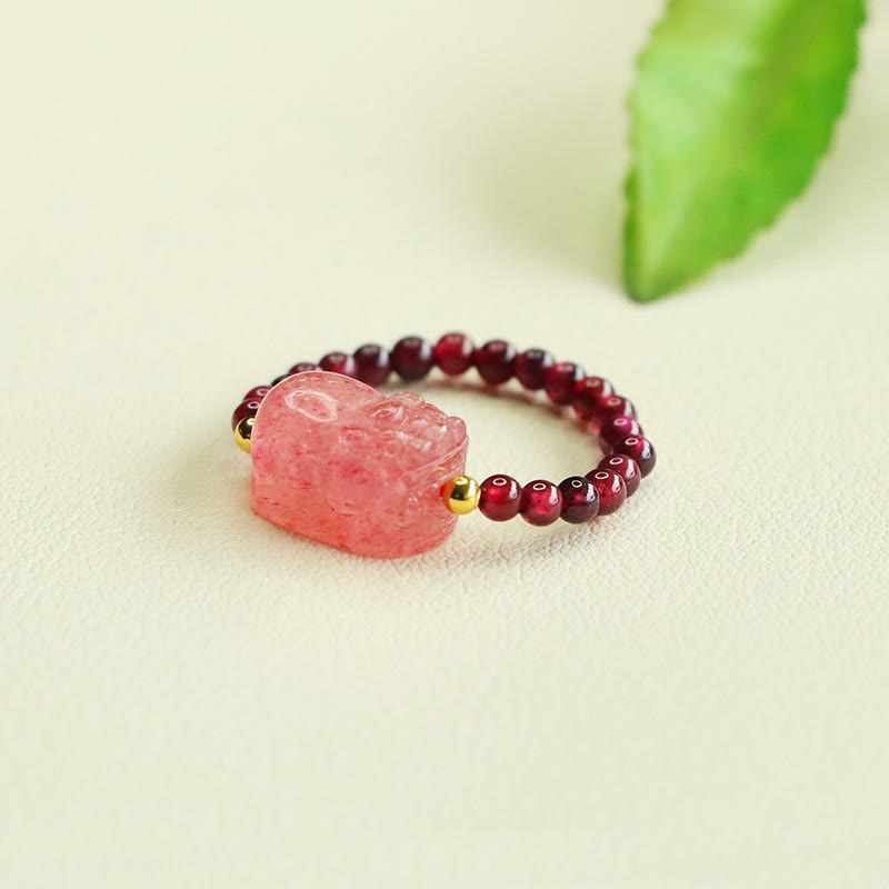 Adjustable Garnet and Strawberry Quartz Beaded Pixiu Ring