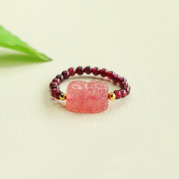 Adjustable Garnet and Strawberry Quartz Beaded Pixiu Ring