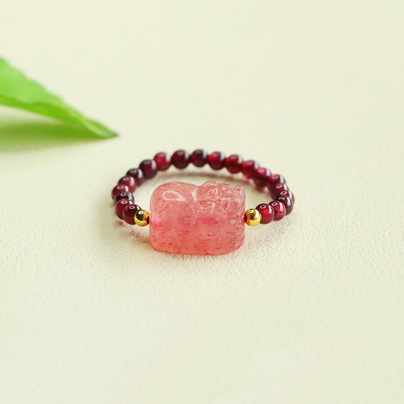 Adjustable Garnet and Strawberry Quartz Beaded Pixiu Ring