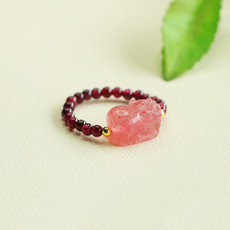 Adjustable Garnet and Strawberry Quartz Beaded Pixiu Ring