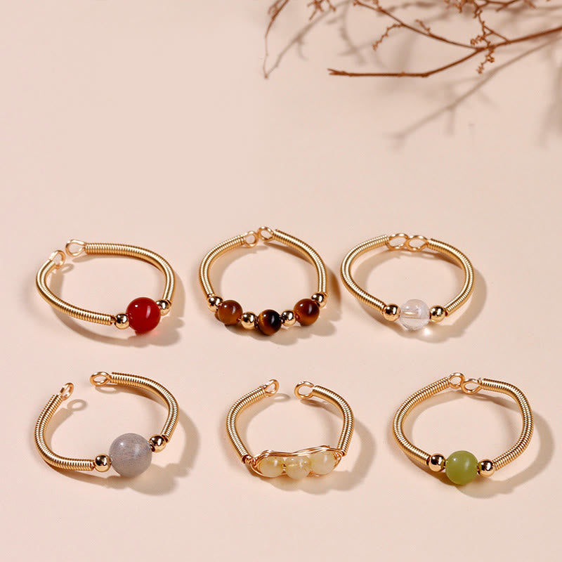 Natural Gemstone Bead Adjustable Alloy Open Ring for Mindful Balance