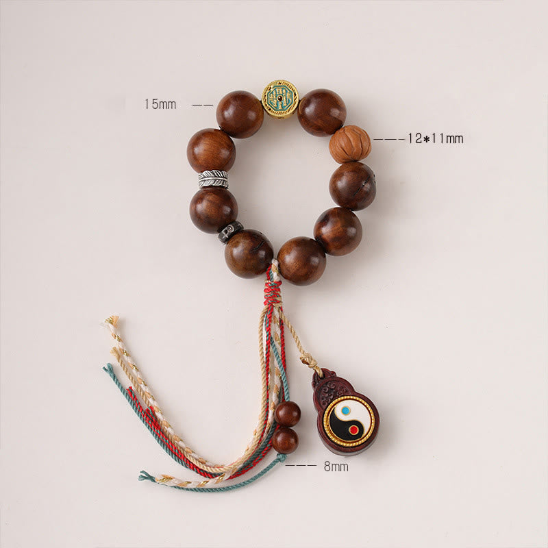 Handmade Lightning Struck Jujube Wood Yin Yang & Bagua Taoist Talisman Bracelet
