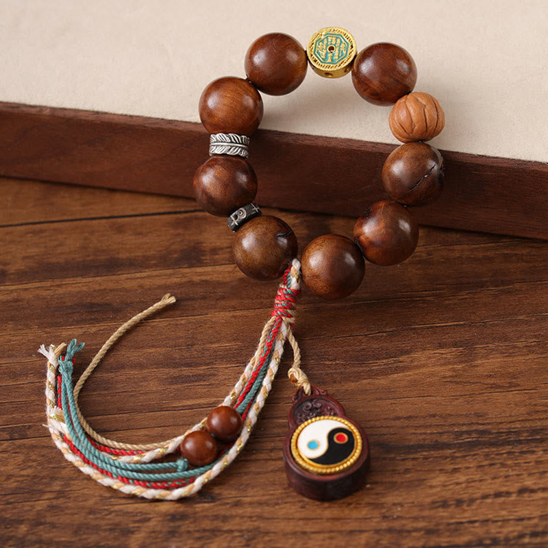 Handmade Lightning Struck Jujube Wood Yin Yang & Bagua Taoist Talisman Bracelet