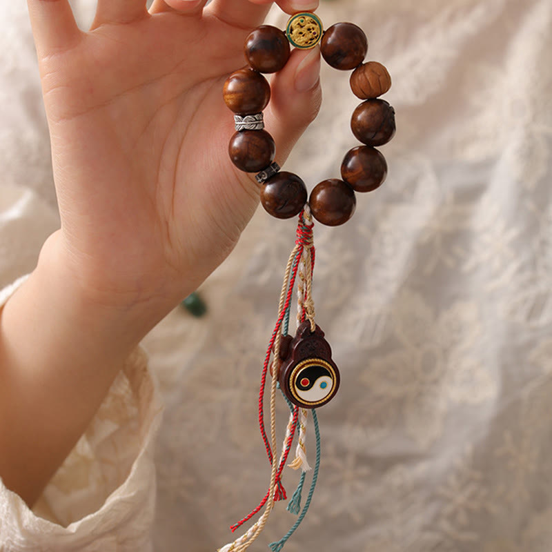 Handmade Lightning Struck Jujube Wood Yin Yang & Bagua Taoist Talisman Bracelet