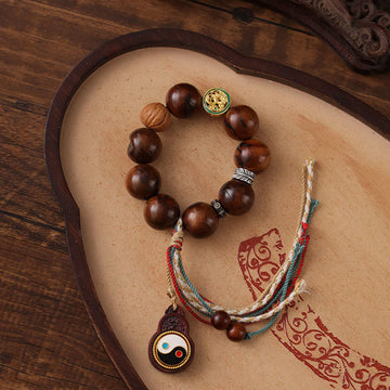 Handmade Lightning Struck Jujube Wood Yin Yang & Bagua Taoist Talisman Bracelet