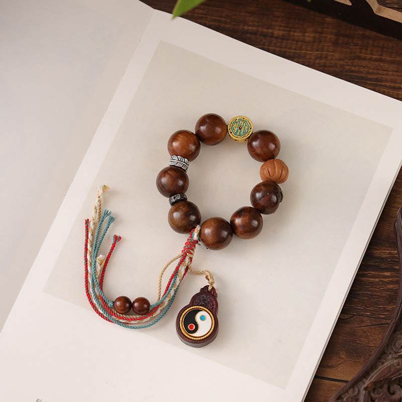 Handmade Lightning Struck Jujube Wood Yin Yang & Bagua Taoist Talisman Bracelet