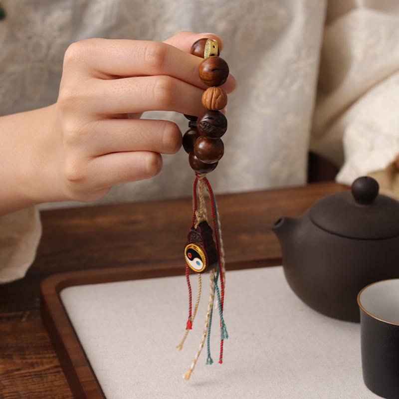 Handmade Lightning Struck Jujube Wood Yin Yang & Bagua Taoist Talisman Bracelet