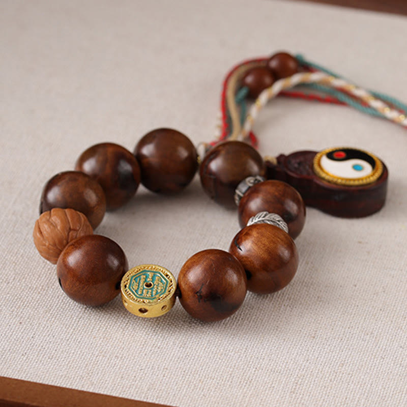 Handmade Lightning Struck Jujube Wood Yin Yang & Bagua Taoist Talisman Bracelet