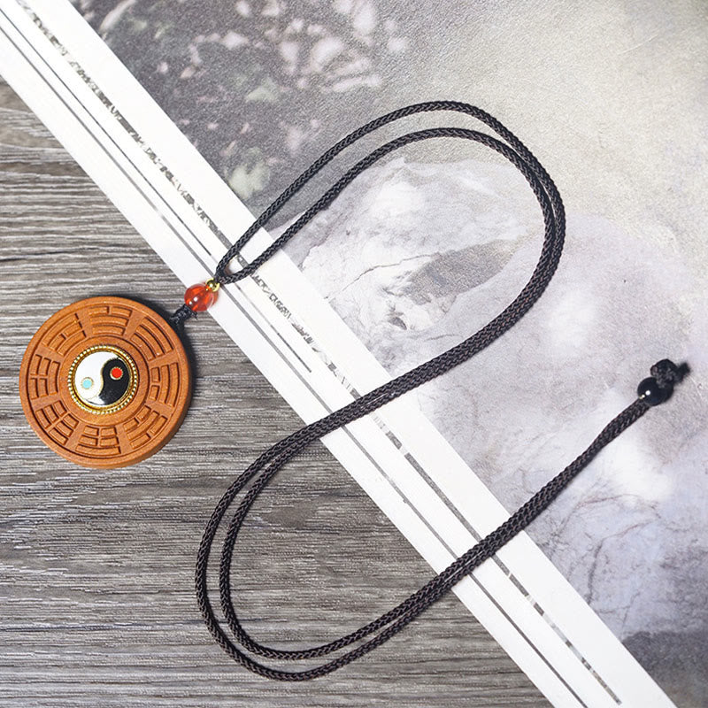 Lightning Struck Jujube Wood Yin Yang Bagua Luck Necklace Pendant