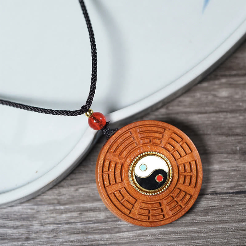 Lightning Struck Jujube Wood Yin Yang Bagua Luck Necklace Pendant