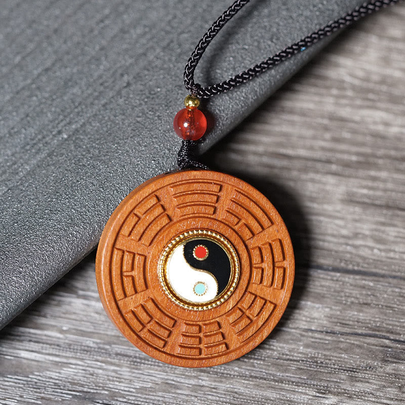 Lightning Struck Jujube Wood Yin Yang Bagua Luck Necklace Pendant