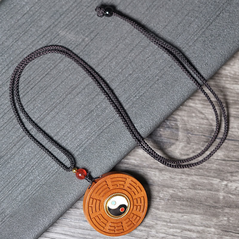 Lightning Struck Jujube Wood Yin Yang Bagua Luck Necklace Pendant