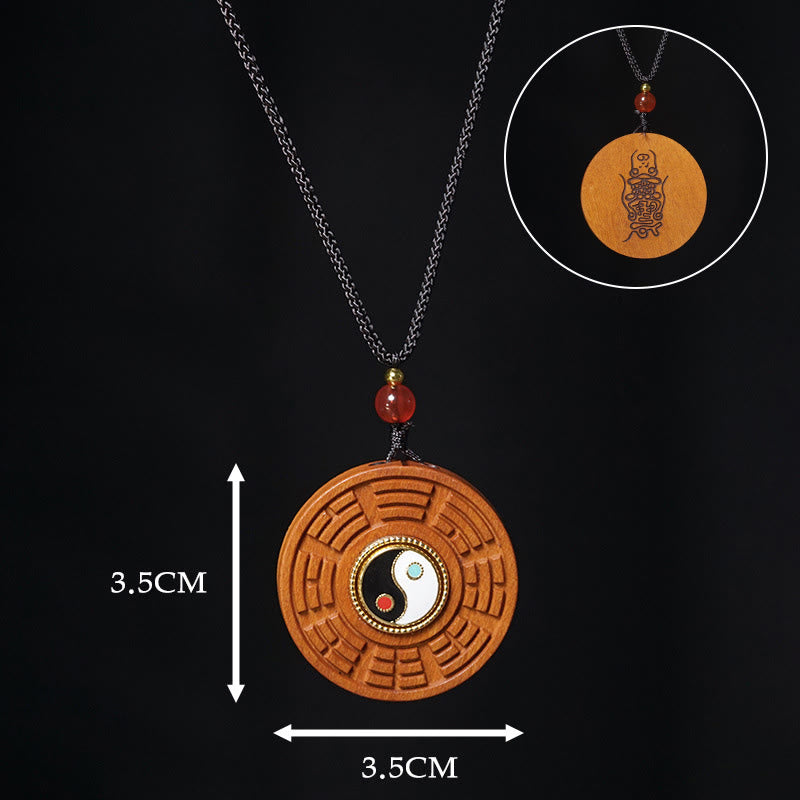 Lightning Struck Jujube Wood Yin Yang Bagua Luck Necklace Pendant