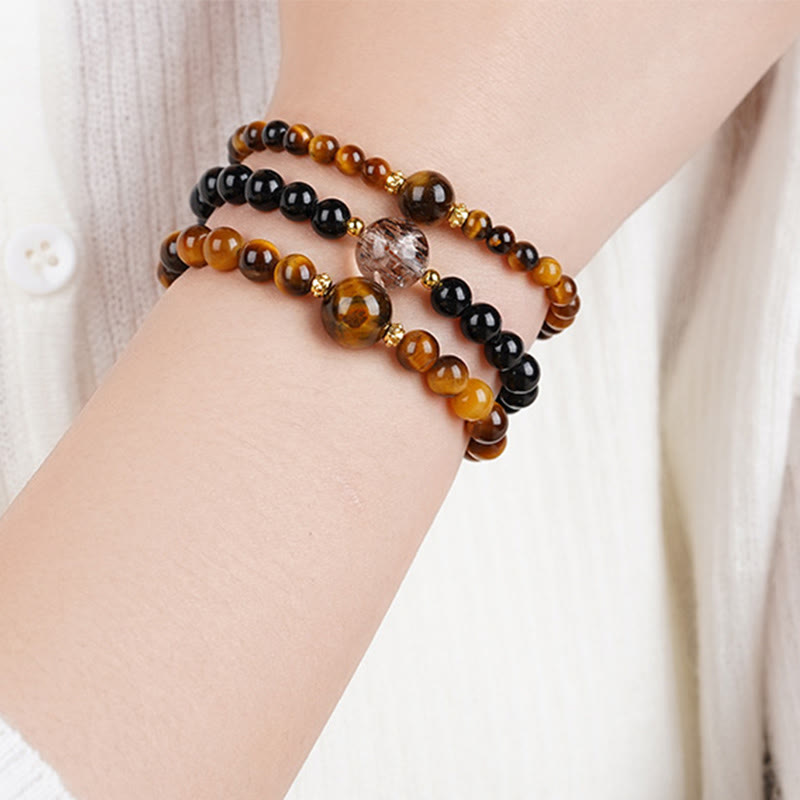 Tiger Eye Black Obsidian Courage Beads Bracelet