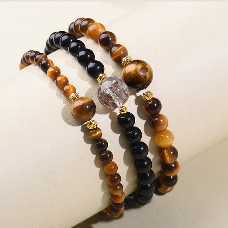 Tiger Eye Black Obsidian Courage Beads Bracelet