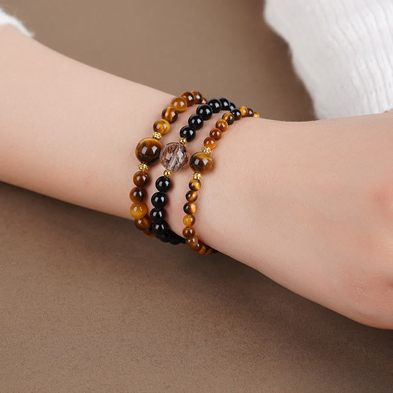 Tiger Eye Black Obsidian Courage Beads Bracelet