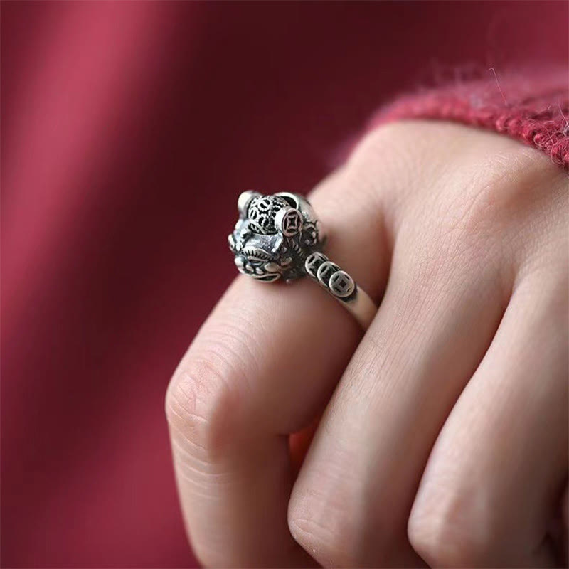 Rotatable Copper Pixiu Ring with Ancient Chinese Coin Symbol