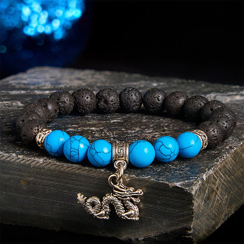 Natural Black Lava Rock Beaded Bracelet with Symbolic Animal Charm