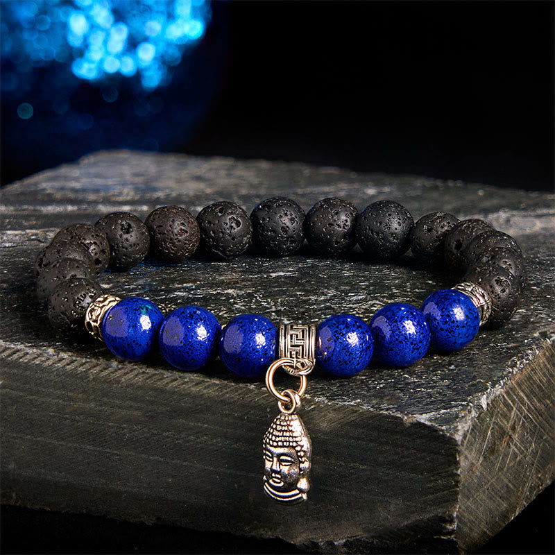 Natural Black Lava Rock Beaded Bracelet with Symbolic Animal Charm