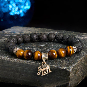 Natural Black Lava Rock Beaded Bracelet with Symbolic Animal Charm