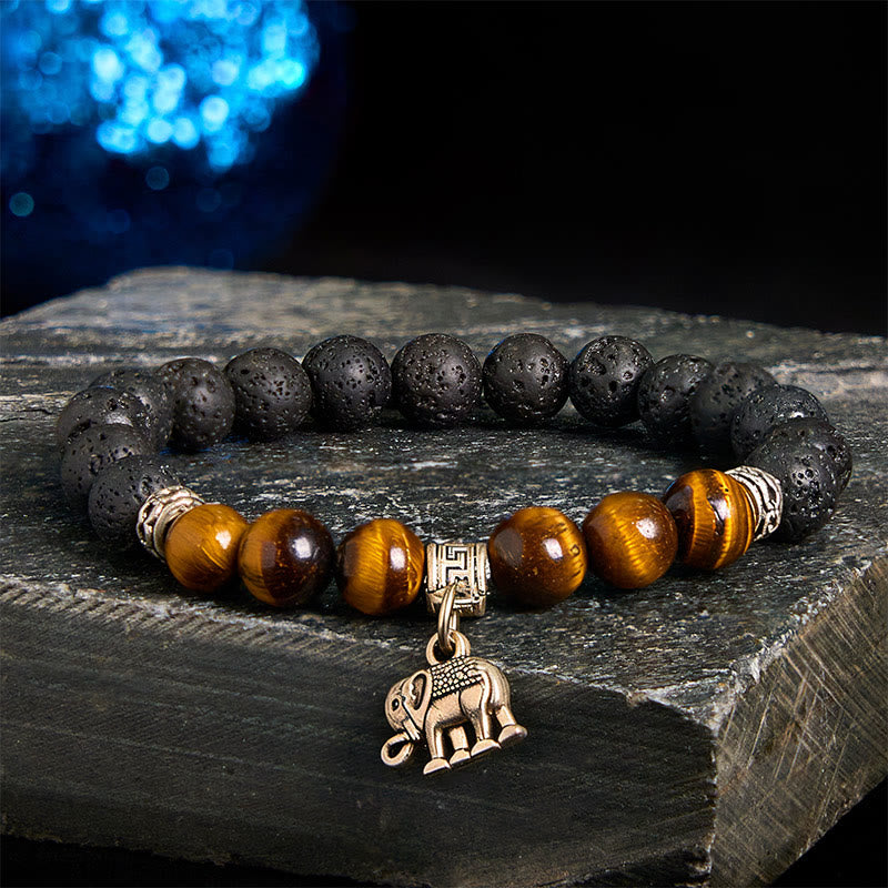 Natural Black Lava Rock Beaded Bracelet with Symbolic Animal Charm