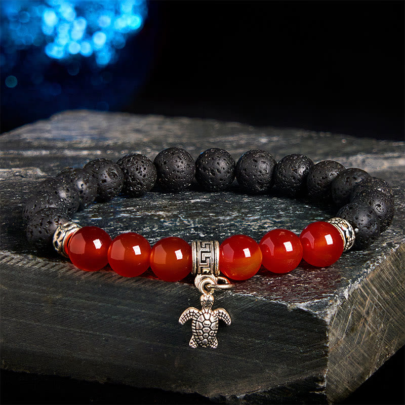 Natural Black Lava Rock Beaded Bracelet with Symbolic Animal Charm