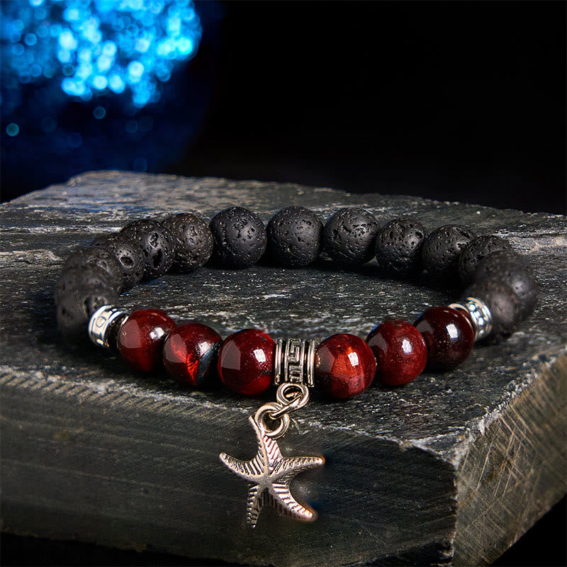 Natural Black Lava Rock Beaded Bracelet with Symbolic Animal Charm