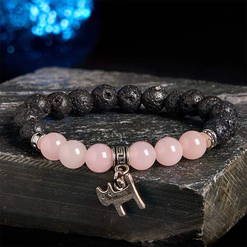 Natural Black Lava Rock Beaded Bracelet with Symbolic Animal Charm