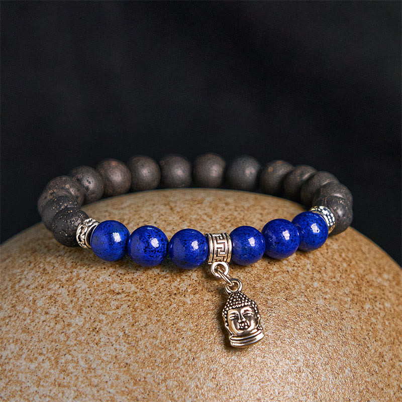 Natural Black Lava Rock Beaded Bracelet with Symbolic Animal Charm