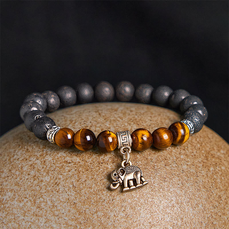 Natural Black Lava Rock Beaded Bracelet with Symbolic Animal Charm