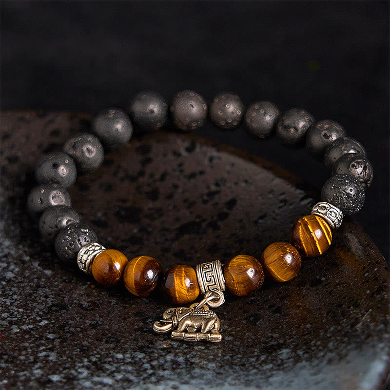 Natural Black Lava Rock Beaded Bracelet with Symbolic Animal Charm