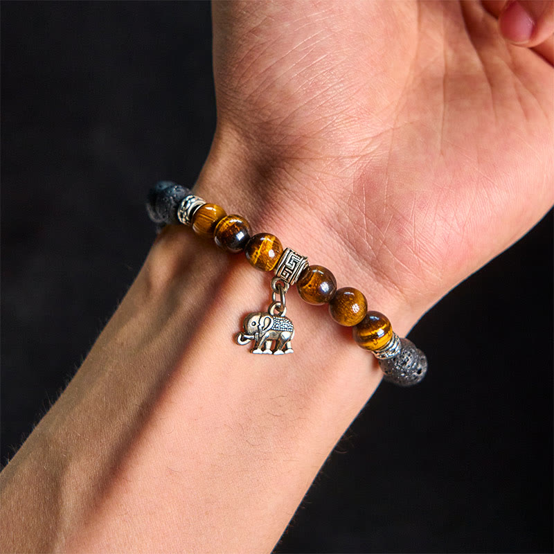 Natural Black Lava Rock Beaded Bracelet with Symbolic Animal Charm