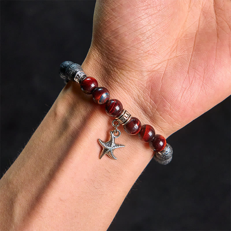 Natural Black Lava Rock Beaded Bracelet with Symbolic Animal Charm