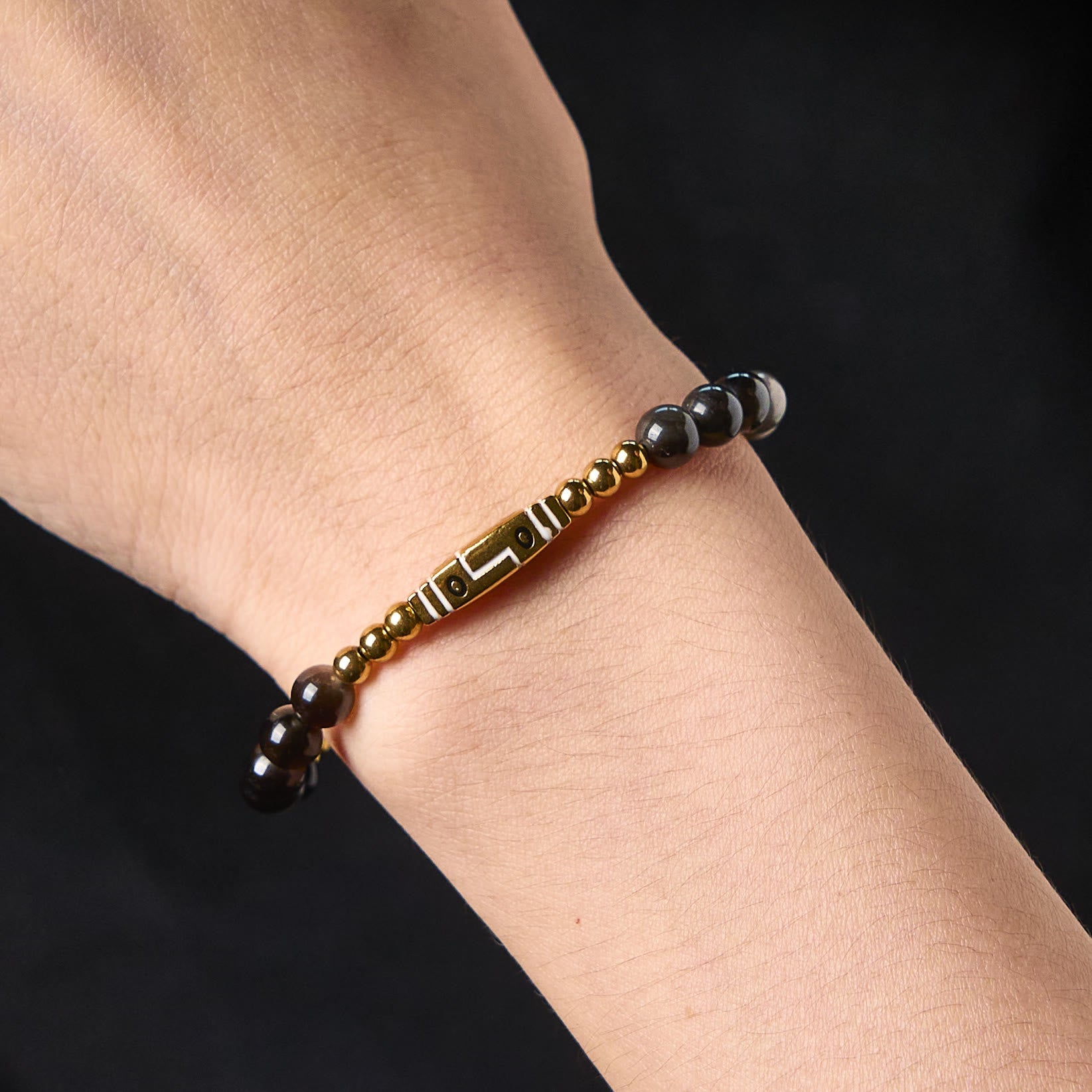 Bone Pattern Titanium Steel and Tiger Eye Beaded Courage Bracelet