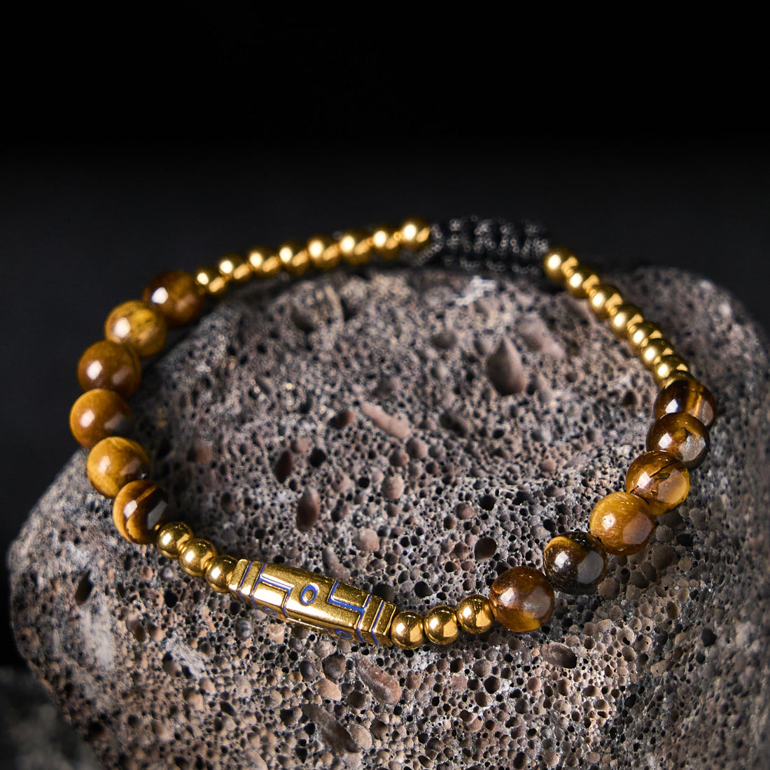 Bone Pattern Titanium Steel and Tiger Eye Beaded Courage Bracelet