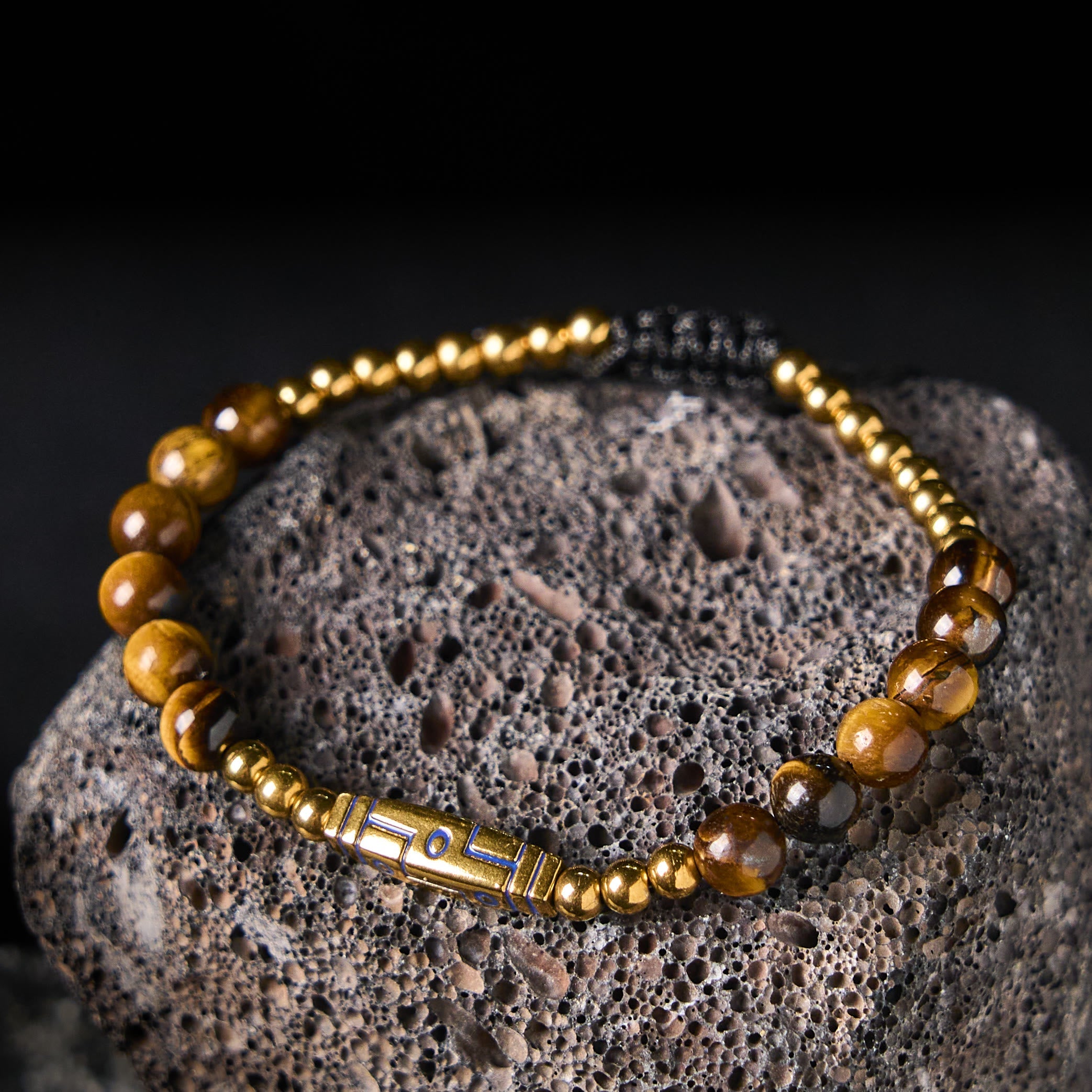 Bone Pattern Titanium Steel and Tiger Eye Beaded Courage Bracelet