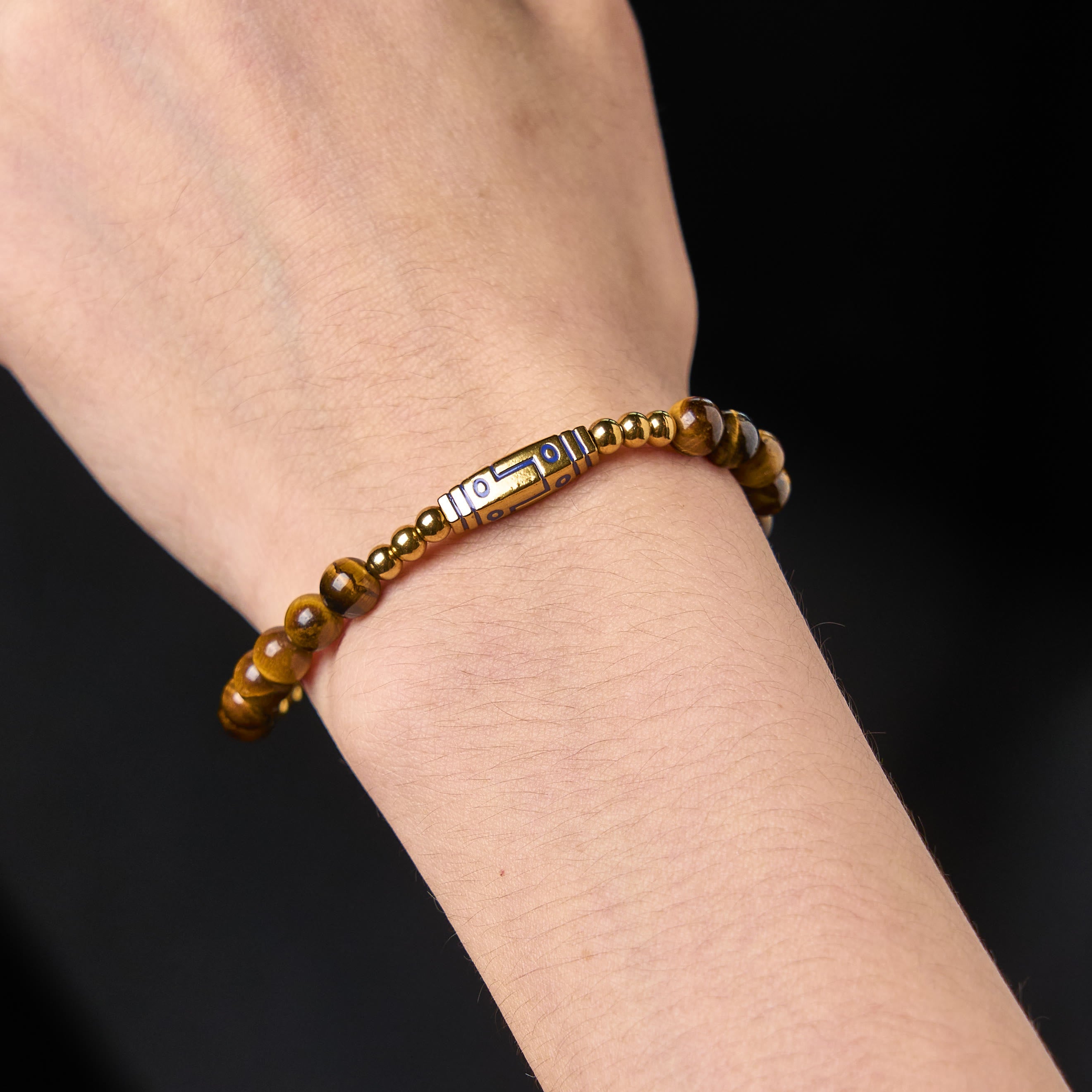 Bone Pattern Titanium Steel and Tiger Eye Beaded Courage Bracelet