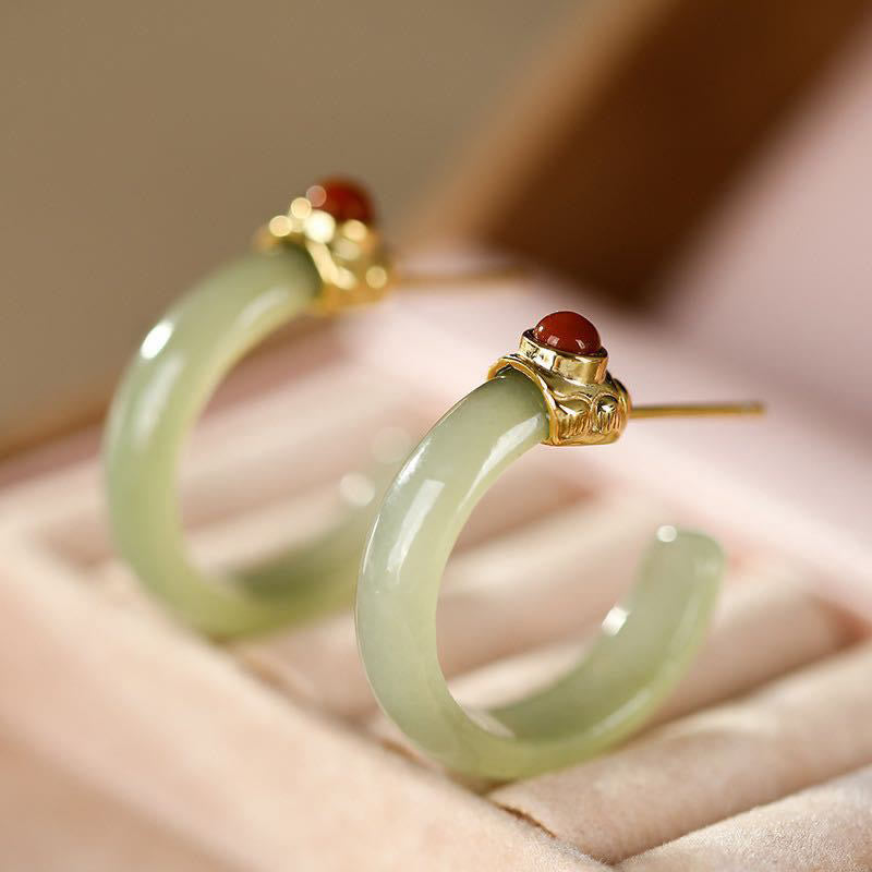 925 Sterling Silver Hetian Jade Prosperity Curved Earrings