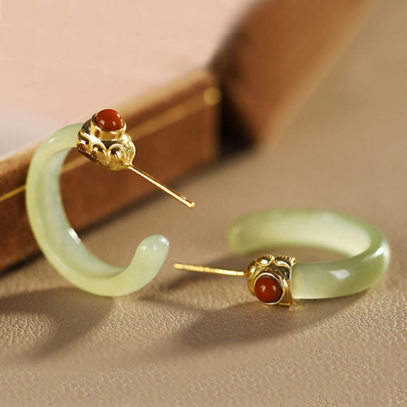 925 Sterling Silver Hetian Jade Prosperity Curved Earrings